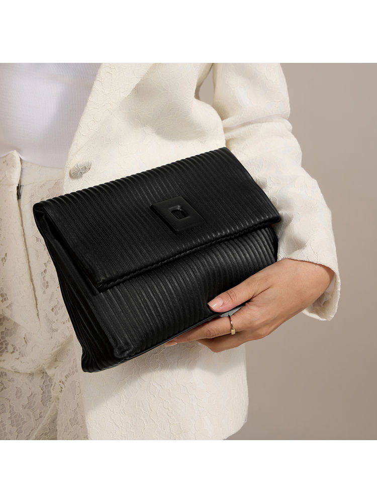 RSVP by Nykaa Fashion Black Stripe Quilted Square Buckle Rectangular Clutch-image-46