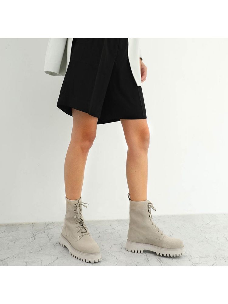 Saint G Solid Ivory Leather Lace Up High Ankle Boots-image-5