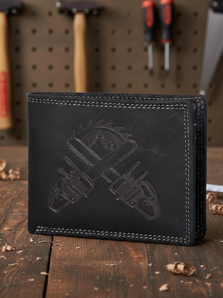 Sassora Leather RFID Blocking Embossed Chainsaw Design Bifold Wallet - Black (L)-picture-19