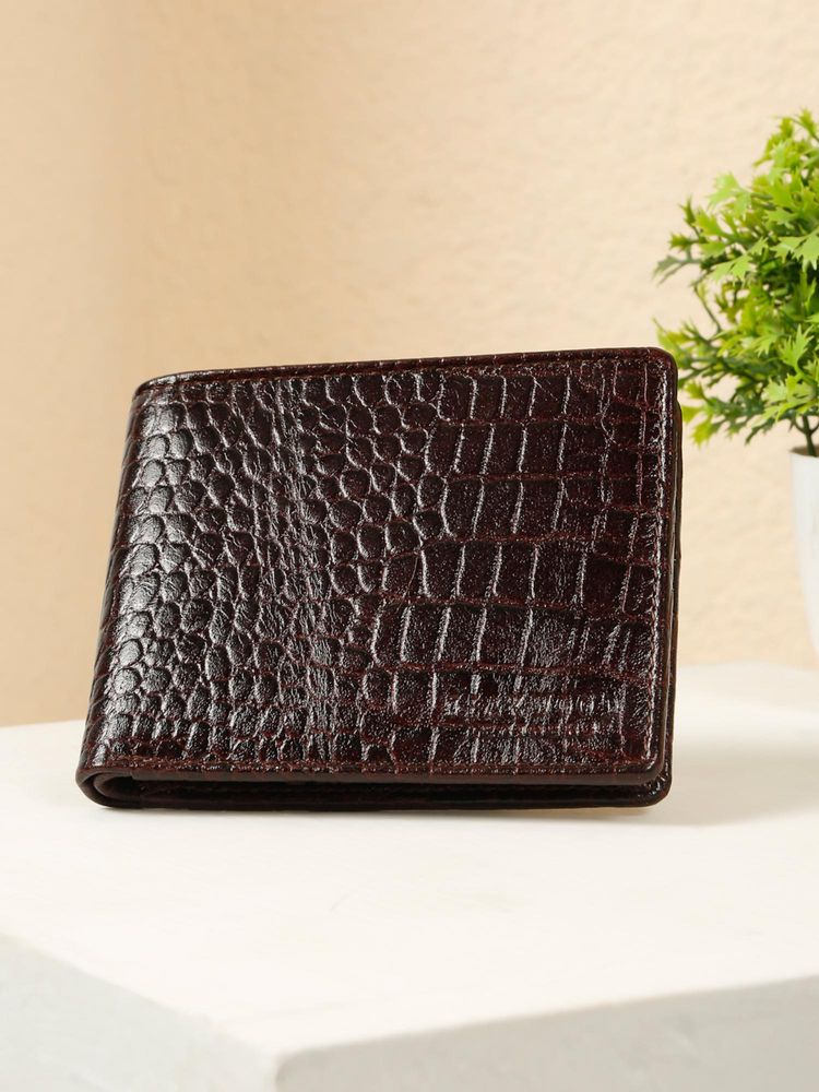 Teakwood Men's Brown Croco Texture Leather Bi-Fold Wallet-image-21