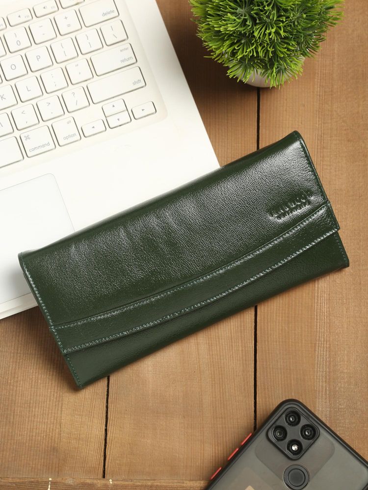 Teakwood Women Green Solid Two Fold Leather Wallet-image-13