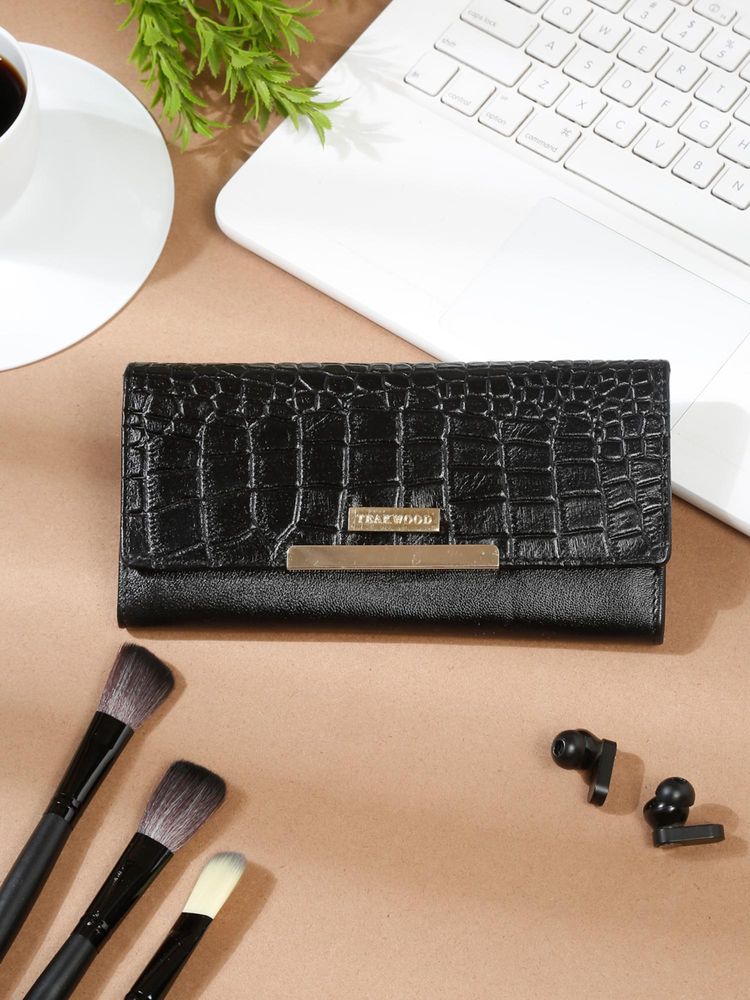 Teakwood Women Croco Black Leather Two Fold Wallet-picture-21