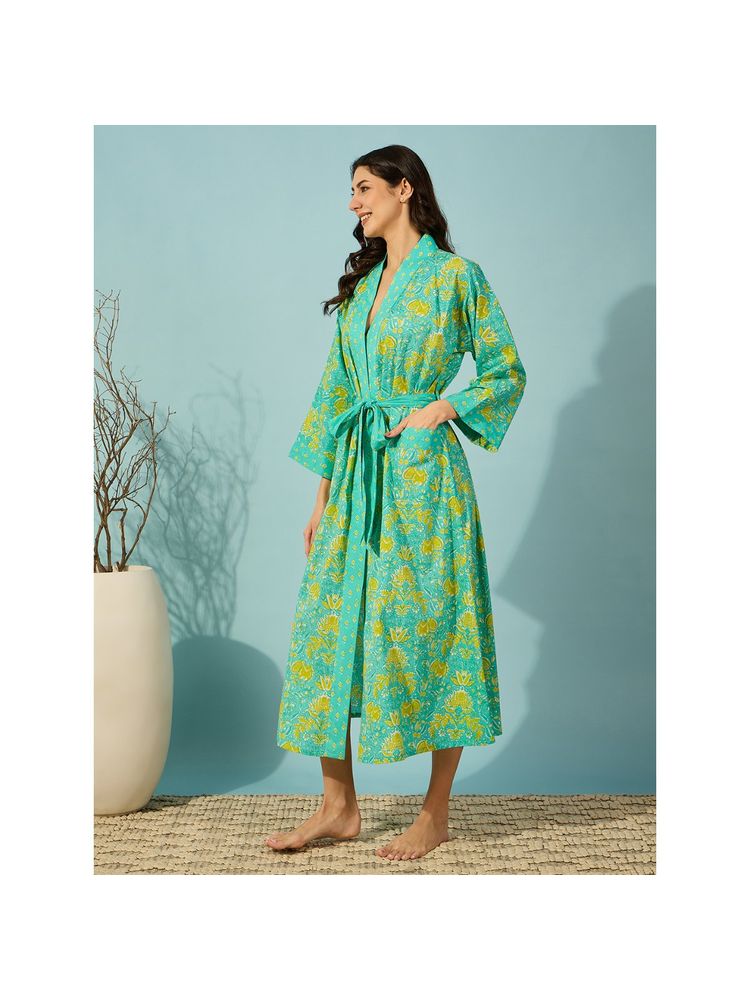 The Kaftan Company Floral Teal Cotton Wrap Nightdress with Belt (Set of 2)-image-27