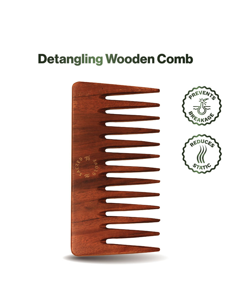 Sacred Grove Wide Tooth Teak Wooden Comb For Frizz Control & Detangling Handmade In India