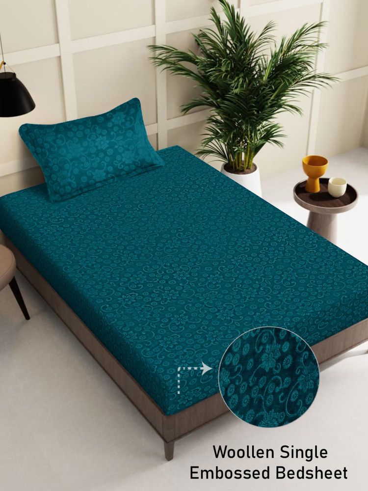 FABINALIV Green Floral Wollen Single Bedsheet with Pillow Cover-image-27