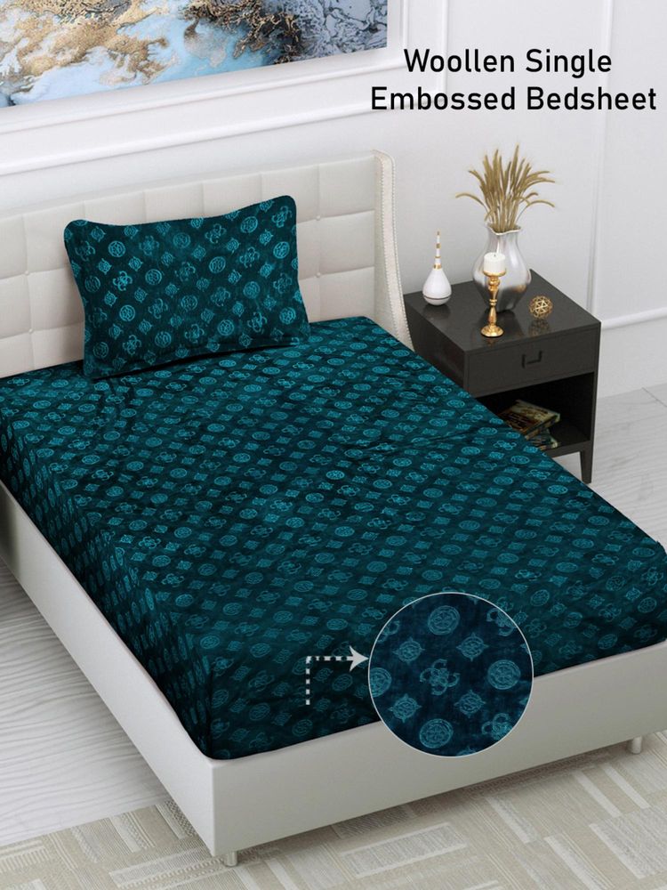 FABINALIV Blue Geometric Wollen Single Bedsheet with Pillow Cover-image-25