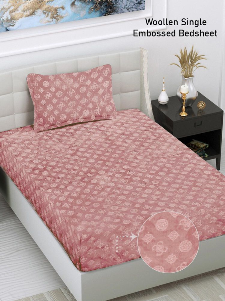 FABINALIV Peach Geometric Wollen Single Bedsheet with Pillow Cover-image-26