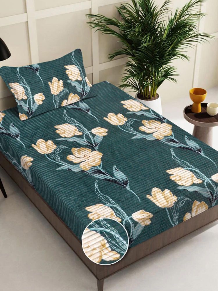 FABINALIV Green Floral Wollen Single Bedsheet with Pillow Cover-image-31