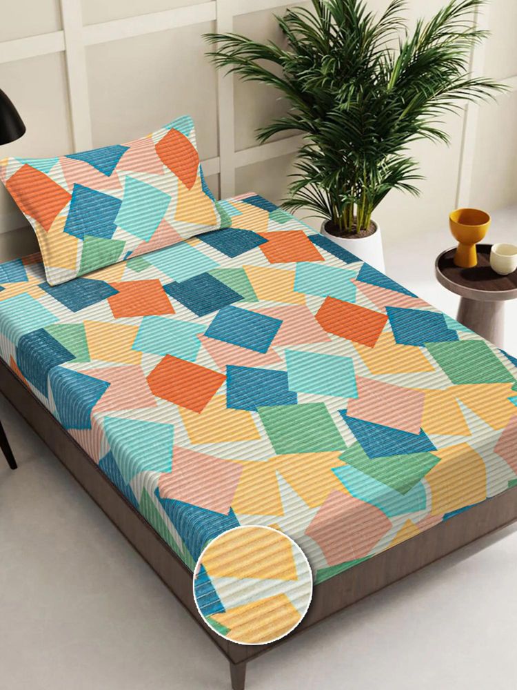 FABINALIV Multi-Color Geometric Wollen Single Bedsheet with Pillow Cover-image-11
