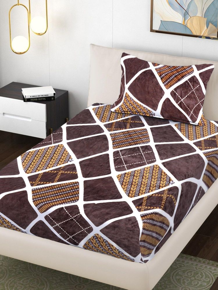 FABINALIV Brown Geometric Wollen Single Bedsheet with Pillow Cover-image-26