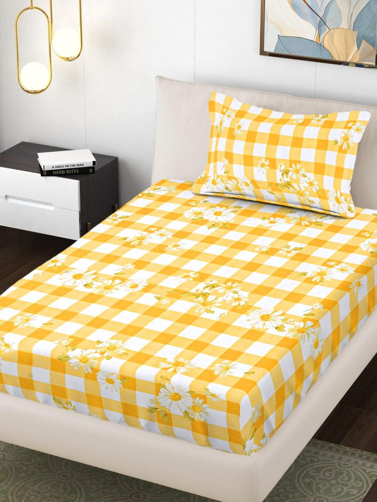 FABINALIV Yellow Geometric 300 Tc Cotton Blend Single Bedsheet with Pillow Cover-image-46