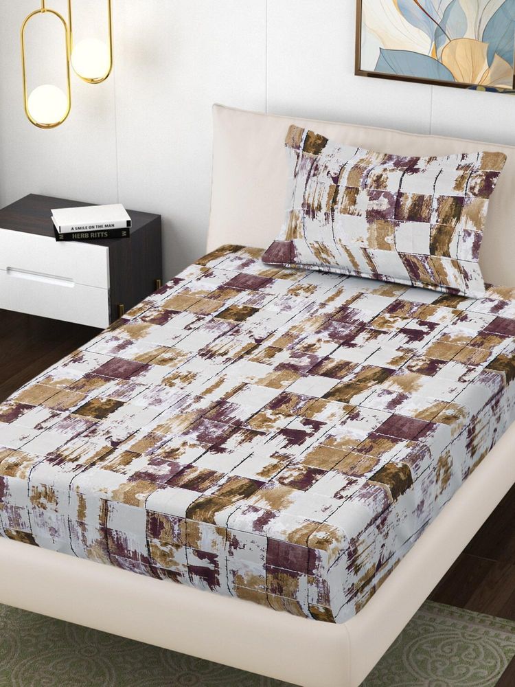 FABINALIV Beige Geometric 300 Tc Cotton Blend Single Bedsheet with Pillow Cover-image-17