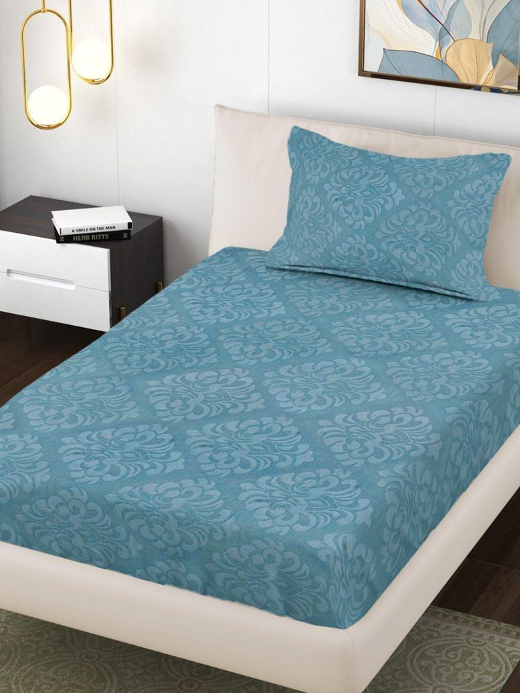 FABINALIV Blue Ethnic 300 Tc Cotton Blend Embossed Single Bedsheet with Pillow Cover-image-48