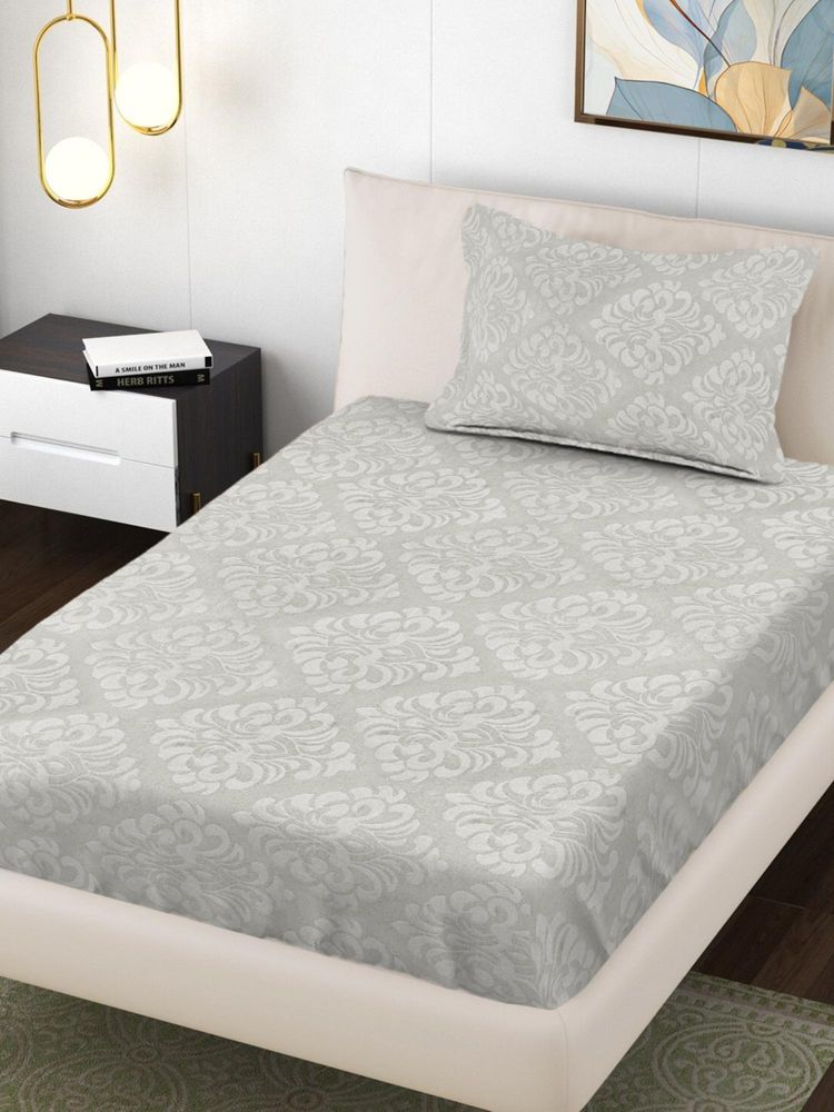 FABINALIV Cream Ethnic 300 Tc Cotton Blend Embossed Single Bedsheet with Pillow Cover-picture-13