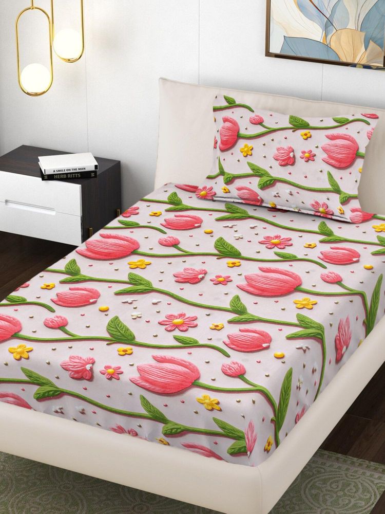 FABINALIV Multi-Color Floral 300 Tc Cotton Blend 7D Single Bedsheet with Pillow Cover-image-21