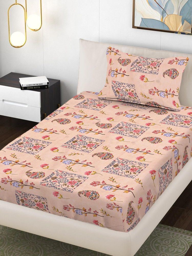FABINALIV Peach Floral 300 Tc Cotton Blend Single Bedsheet with Pillow Cover-image-45