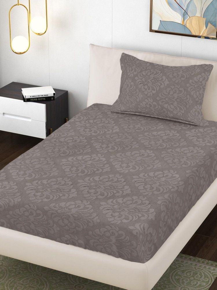 FABINALIV Taupe Ethnic 300 Tc Cotton Blend Embossed Single Bedsheet with Pillow Cover-image-49