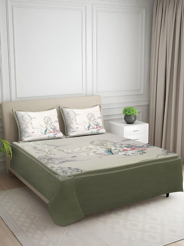 Signature Green Floral Digital Print Super Soft King Size Bedsheet with 2 Pillow Covers-image-4