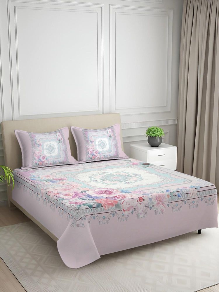 Signature Pink Floral Digital Print Super Soft King Size Bedsheet with 2 Pillow Covers-image-11