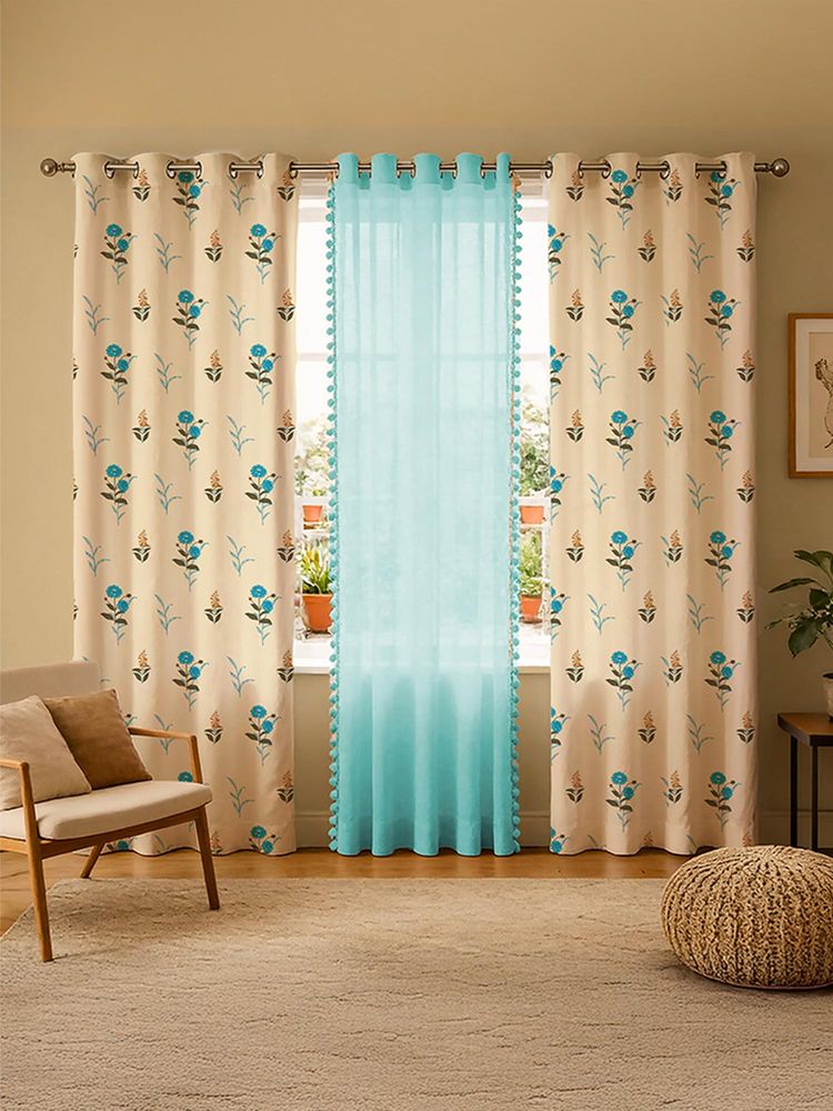 Urban Space Coneflower Blue & Aqua Pom Pom Cotton & Sheer Curtains (Pack of 3)-image-33