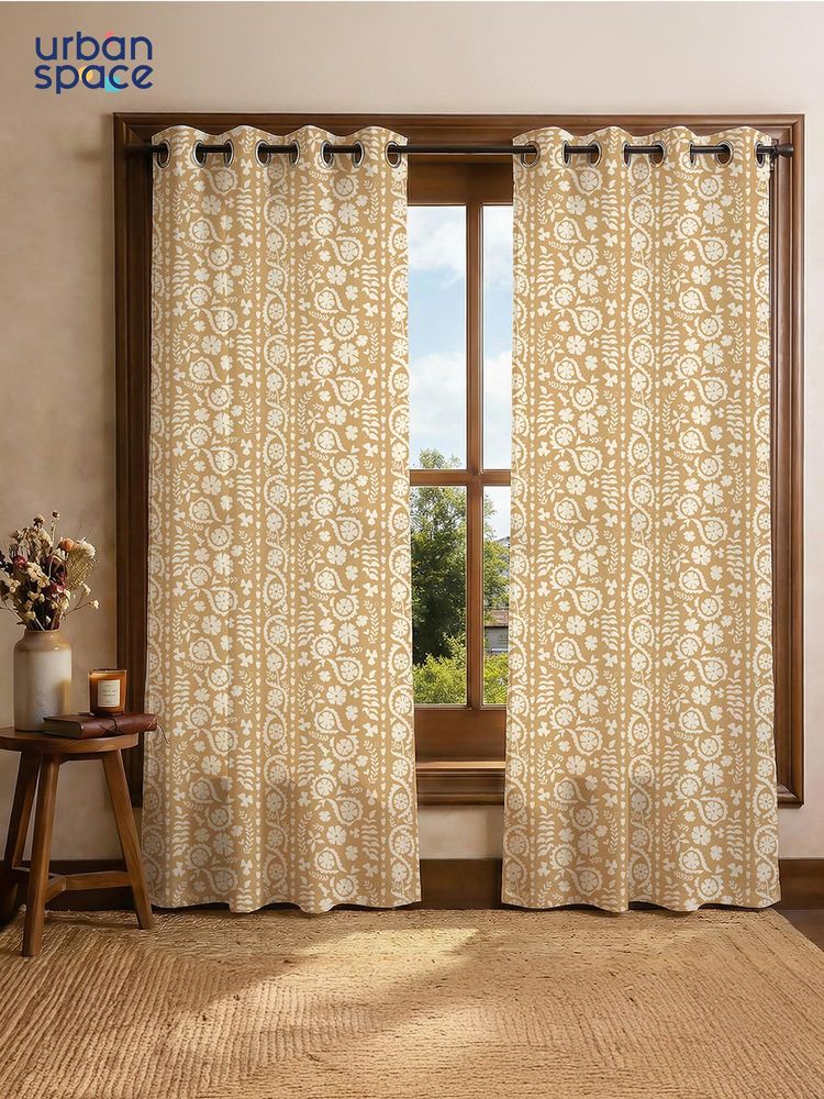 Urban Space Dhara Biscuit Beige Cotton Curtains (Pack of 2)-image-36