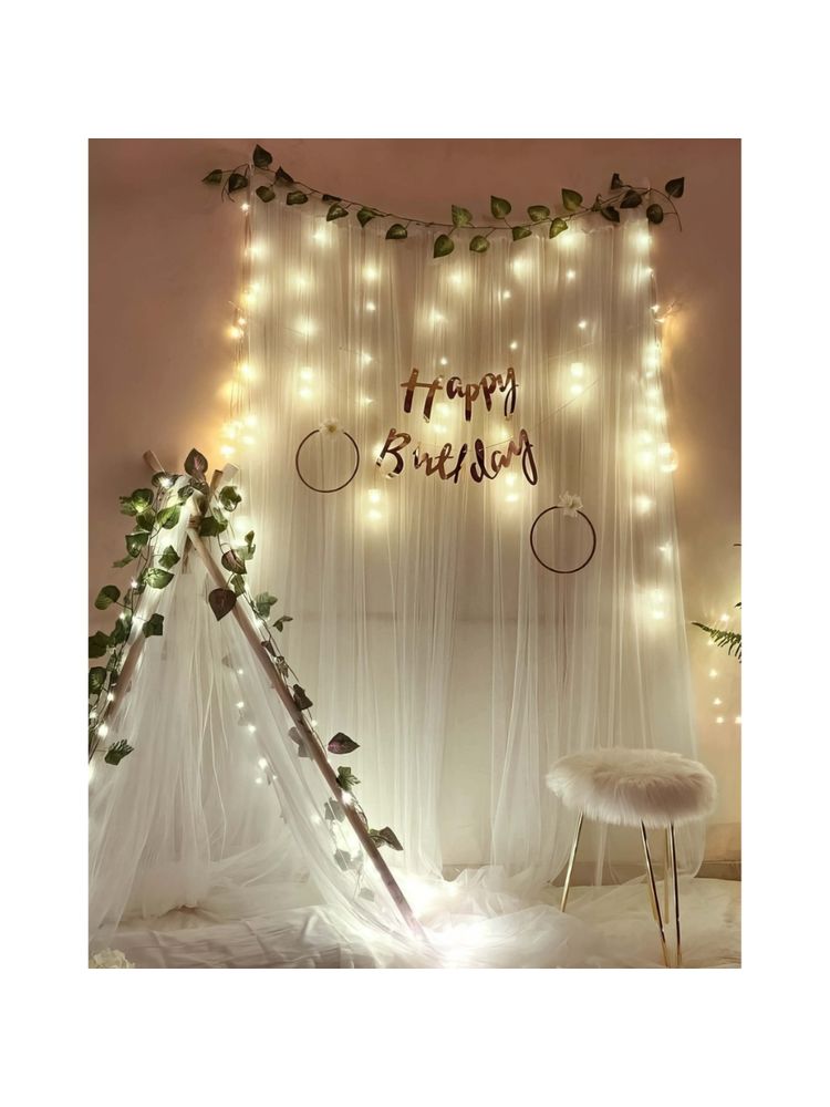 Special You Backdrop for Bedroom with White Net Curtains, Green Vines & Fairy Light (Set Of 12)-image-1