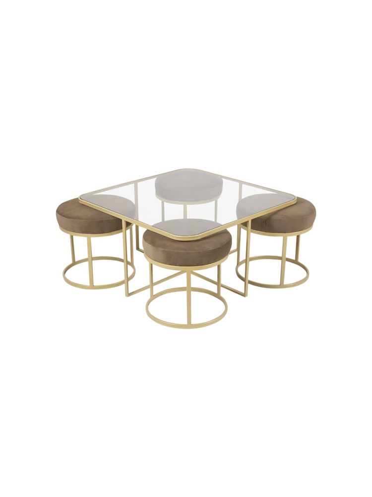 Claymint Benton Nesting Clear Glass Coffee Table Set with 4 Stools In Gold Finish-image-5