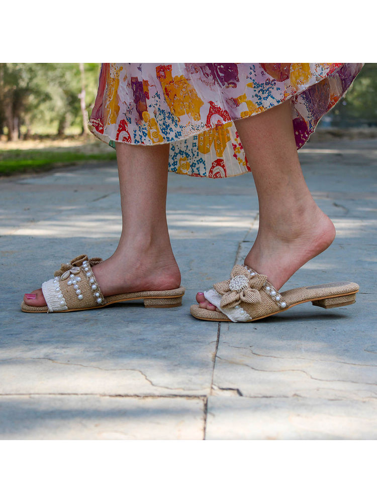 NoStrain Handcrafted Jute Pearl and Shell Embellished Flats-picture-10
