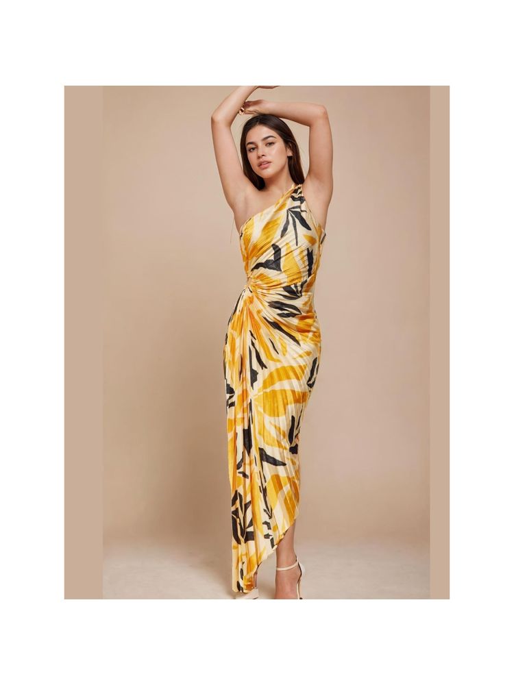WomanLikeU Yellow and Black Leaf Printed Pleated A-Line Dress-picture-1