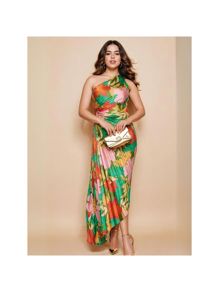WomanLikeU Multi-Colored Floral Printed Pleated A-Line Dress-image-9
