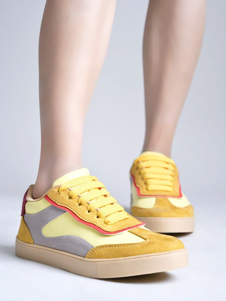 Shoetopia Yellow Vibrant Low-Top Fashion Sneakers With Layered Panel Design-picture-16