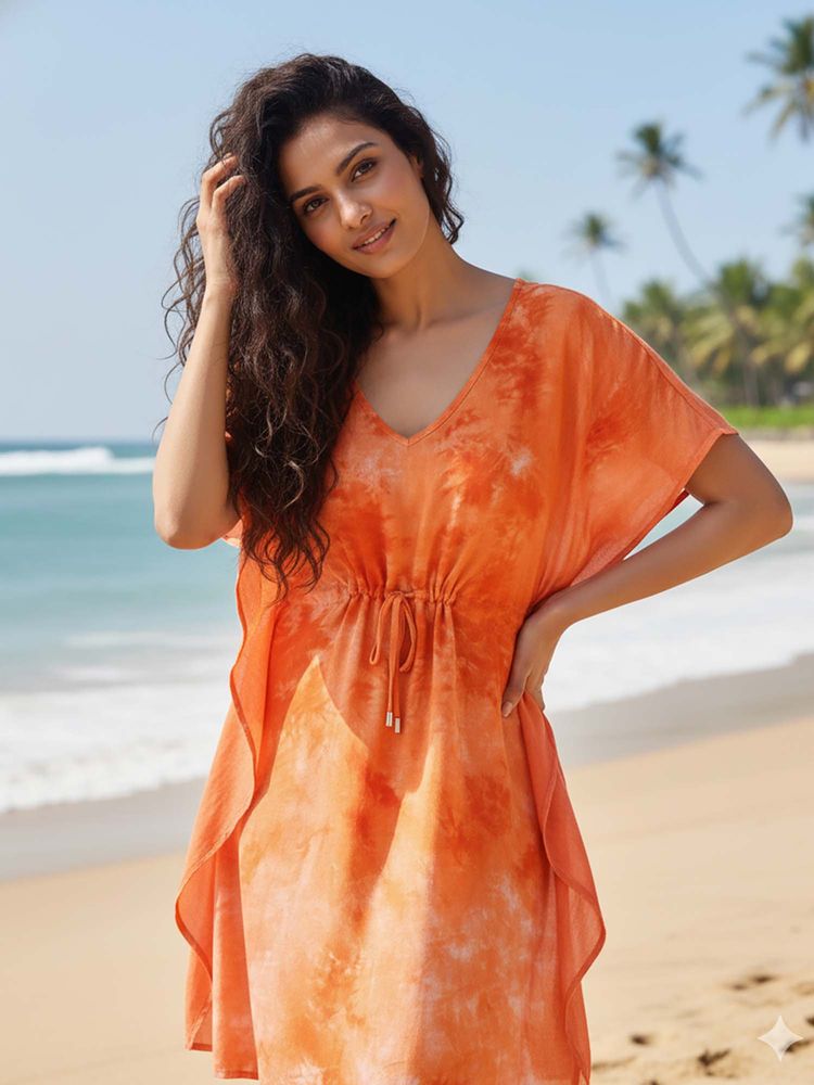 AOBA Women Orange Tie & Dyed Pure Cotton Beachwear Cover-Up Dress-image-45