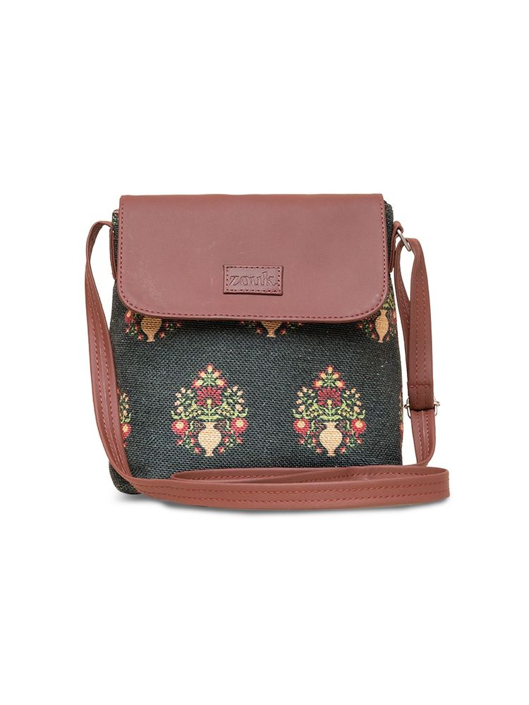Zouk Royal Green Mogra Print Flap Sling Bag Royal Green-picture-28