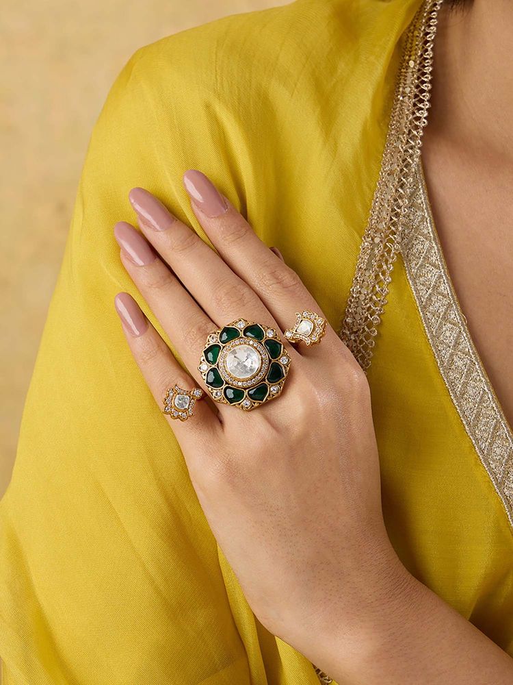 Indinoor Green Kundan Polki Two-Finger Ring-picture-27