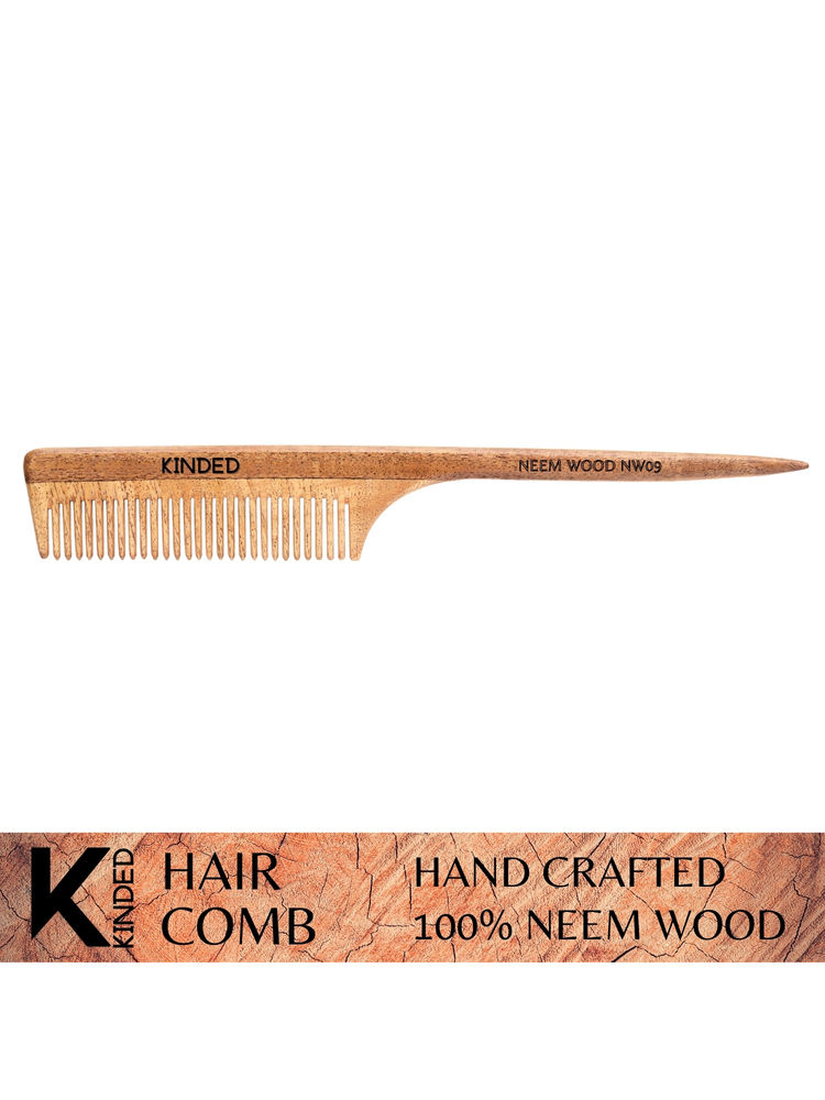 KINDED Handmade Oil Treated Wooden Hair Comb - Neem Wood NW09, Regular Tooth Tail Comb-image-49