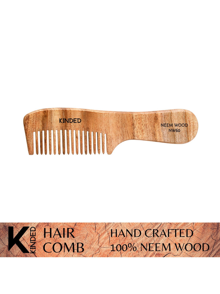 KINDED Handmade Oil Treated Wooden Hair Comb - Neem Wood NW60, Regular Tooth Comb with Handle-picture-18