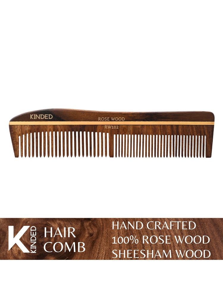 KINDED Handmade Oil Treated Wooden Hair Comb - Sheesham Rose Wood RW102, Dual Tooth-image-37