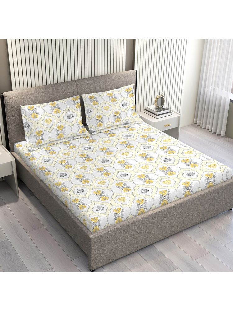 Layers Aura White Floral Double Bedsheet with 2 Pillow Covers-picture-12