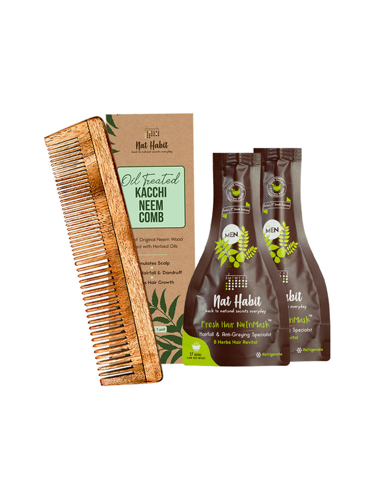 Nat Habit Dual Tooth Kacchi Neem Comb & Men's 8 Herbs Hair Revital Hair Nutrimask-image-47