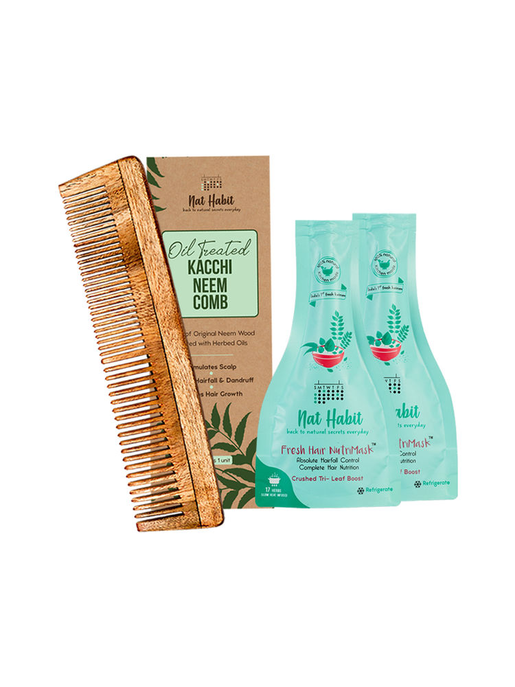 Nat Habit Dual Tooth Kacchi Neem Comb & Crushed Tri-Leaf Hair Nutrimask-image-45