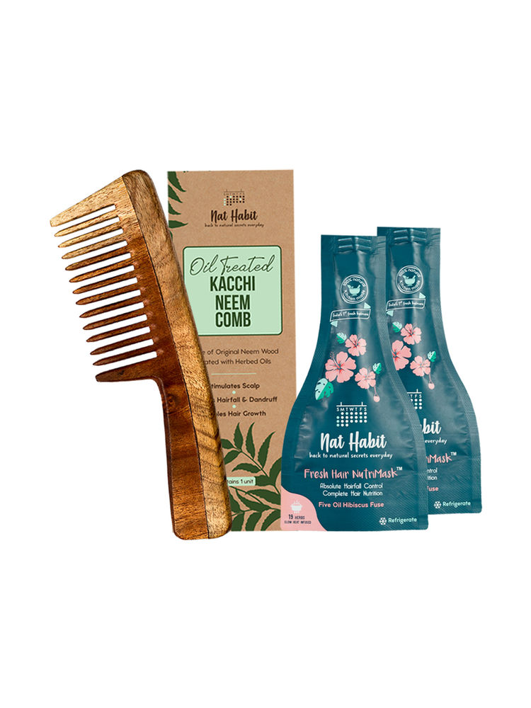 Nat Habit Wide Tooth Kacchi Neem Comb & Five Oil Hibiscus Fresh Hair Nutrimask