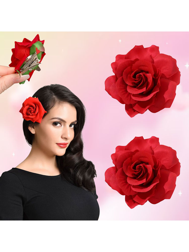 Majestique Artificial Rose Flowers Bun Juda Clips, Handmade Bridal Brooch Hair Accessories-image-9