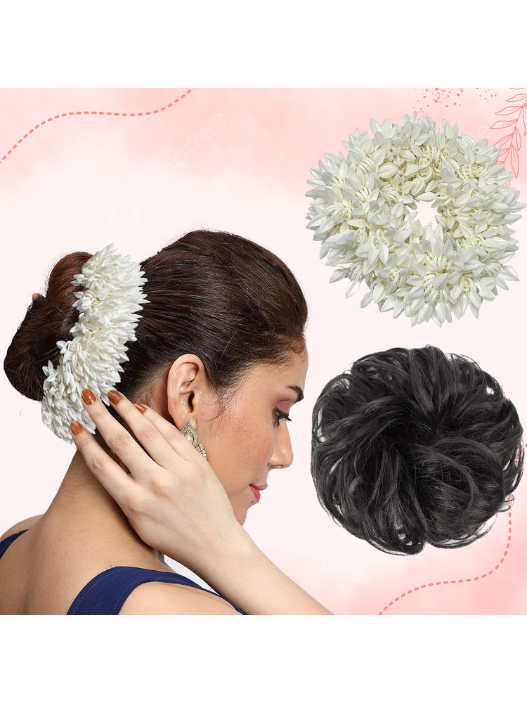 Majestique White Mogra Artificial Flower Gajra & Funky Messy Bun Scrunchies Combo-image-9