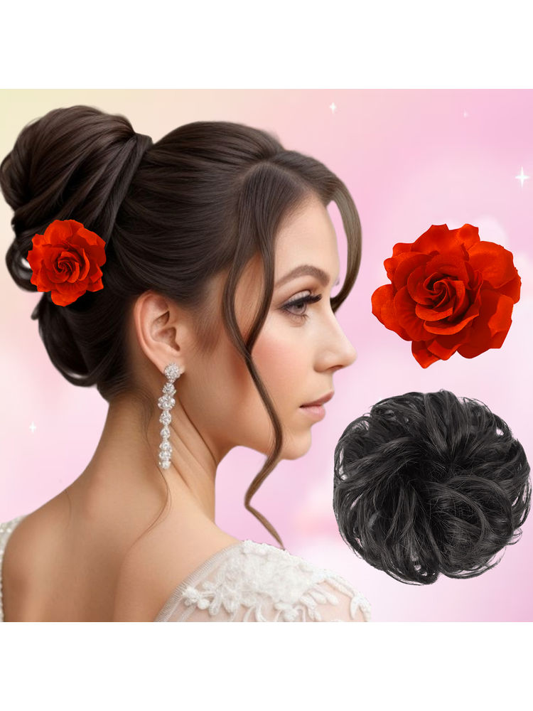 Majestique Red Rose Artificial Fake Flower Clip & Funky Messy Bun Scrunchies Combo-picture-19