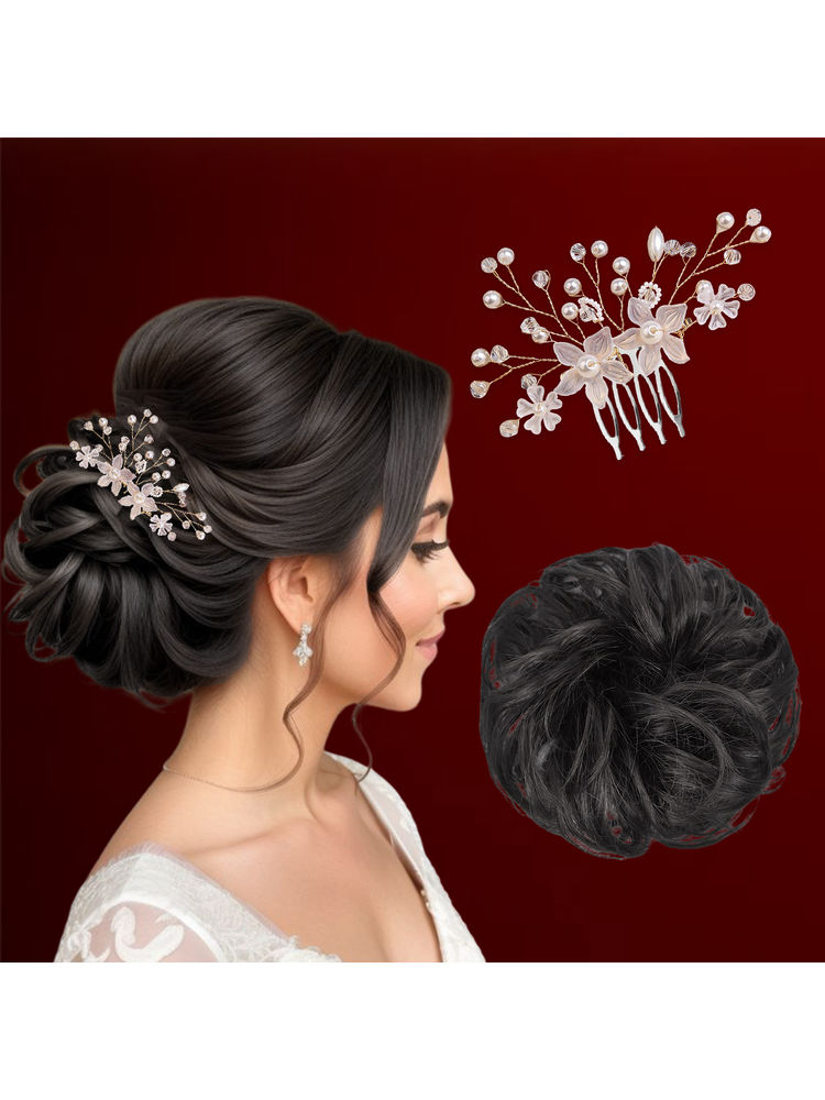 Majestique Pearl Flower Partywear Comb Hair Clip & Funky Messy Bun Scrunchies Combo