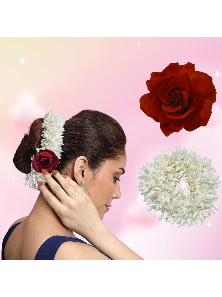 Majestique Artificial White Mogra Scented Gajra & Red Rose Fake Flower Clip Combo-image-10