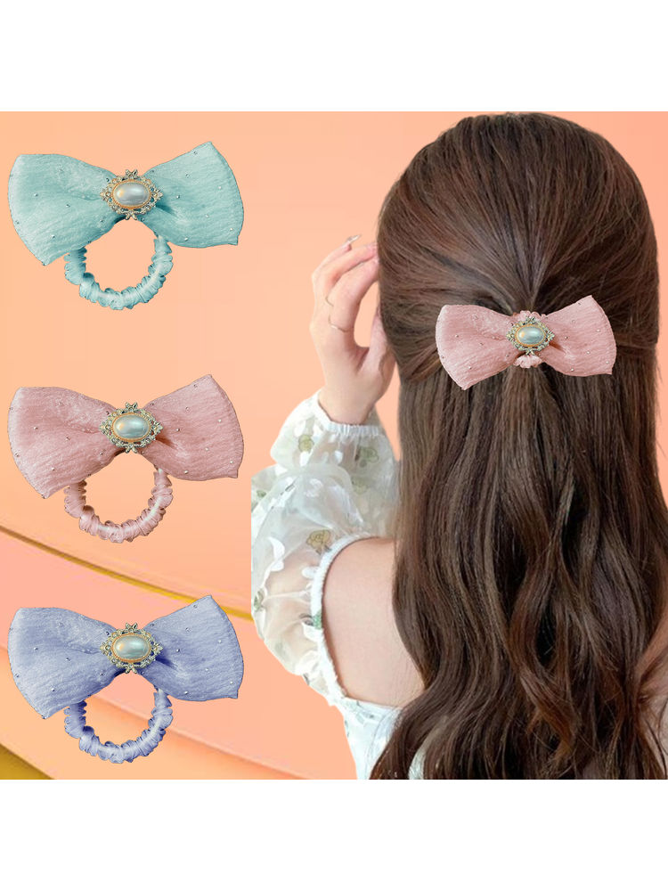 Majestique Hair Bow Ponytail Rubber Band With Brooch, Organza Scrunchies, Ponytail Holder-image-25