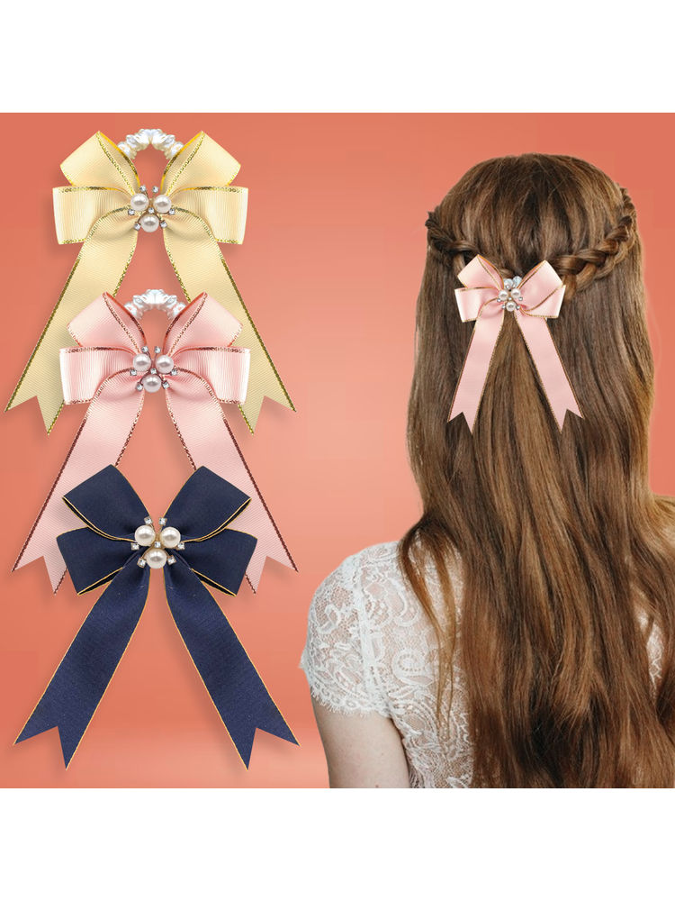 Majestique Satin Hair Bow Ponytail Rubber Band With Brooch, Stretchable Scrunchies-picture-17