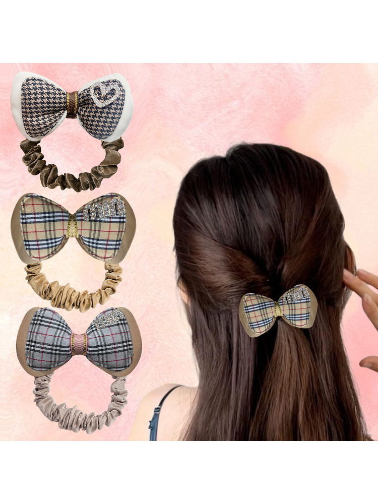 Majestique Burberry Print Hair Bow Ponytail Rubber Band, Stretchable Scrunchies-image-26