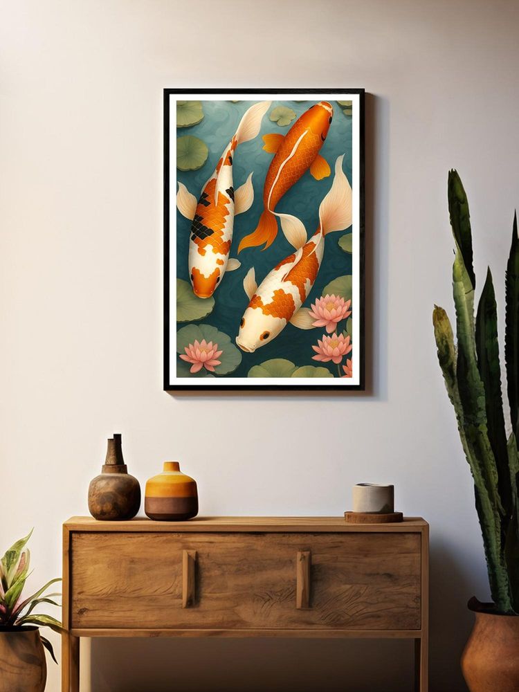 999Store Multi-Color Three Koi Among Lily Floral Pads Painting-image-10